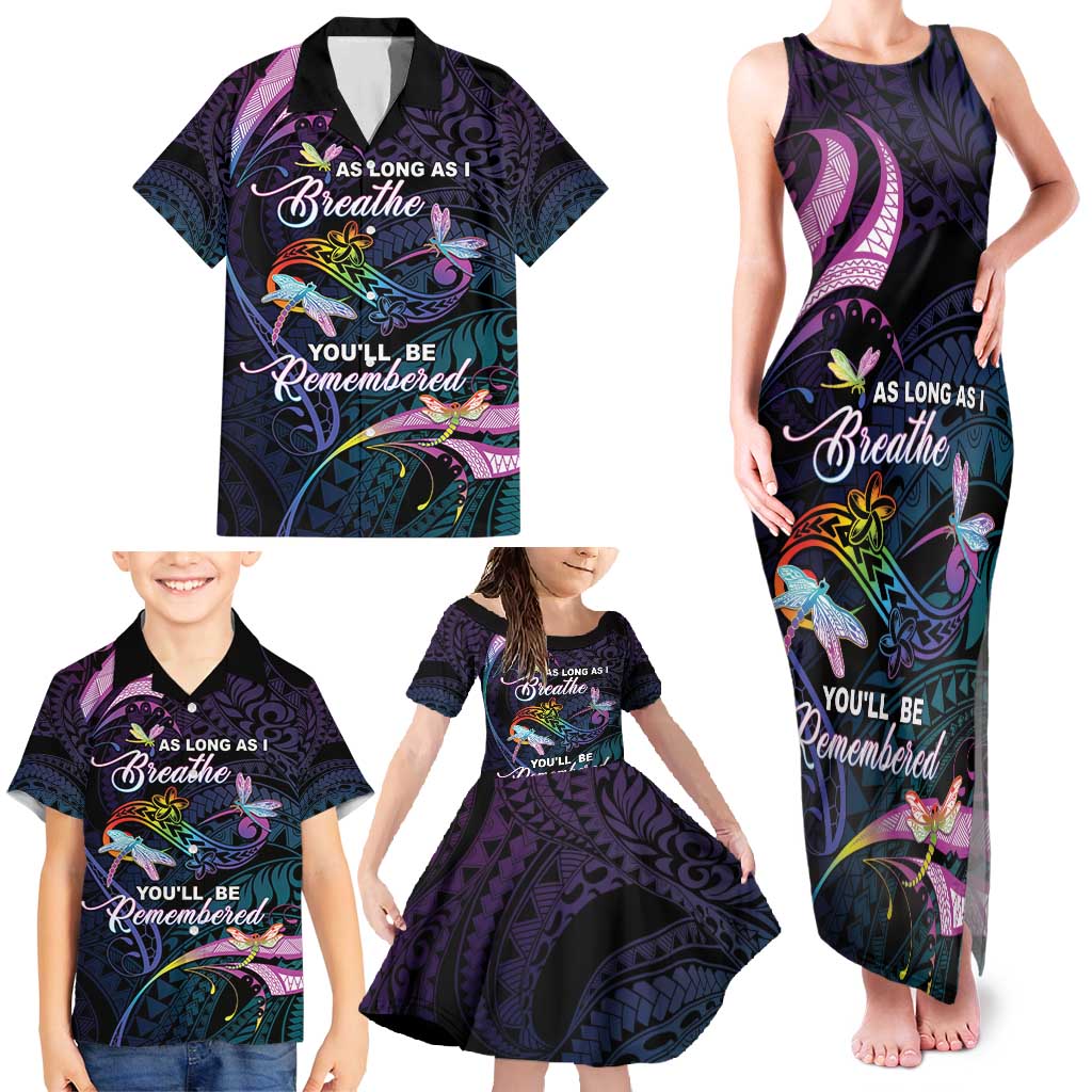 Personalised Polynesia Memorial Family Matching Tank Maxi Dress and Hawaiian Shirt Always Remembered Dragonfly Polynesian Style