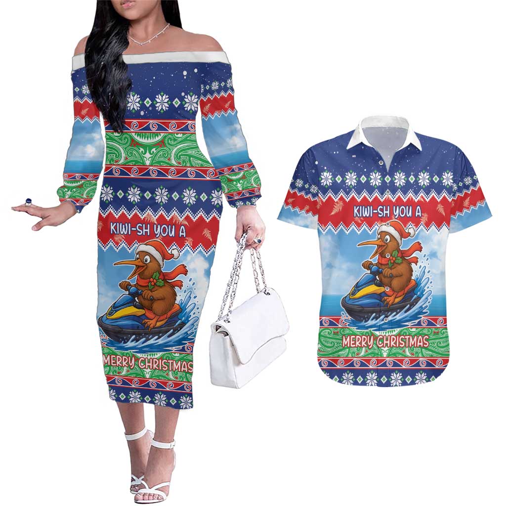 New Zealand Christmas Couples Matching Off The Shoulder Long Sleeve Dress and Hawaiian Shirt Funny Jet Ride Kiwi Xmas - Polynesian Pride