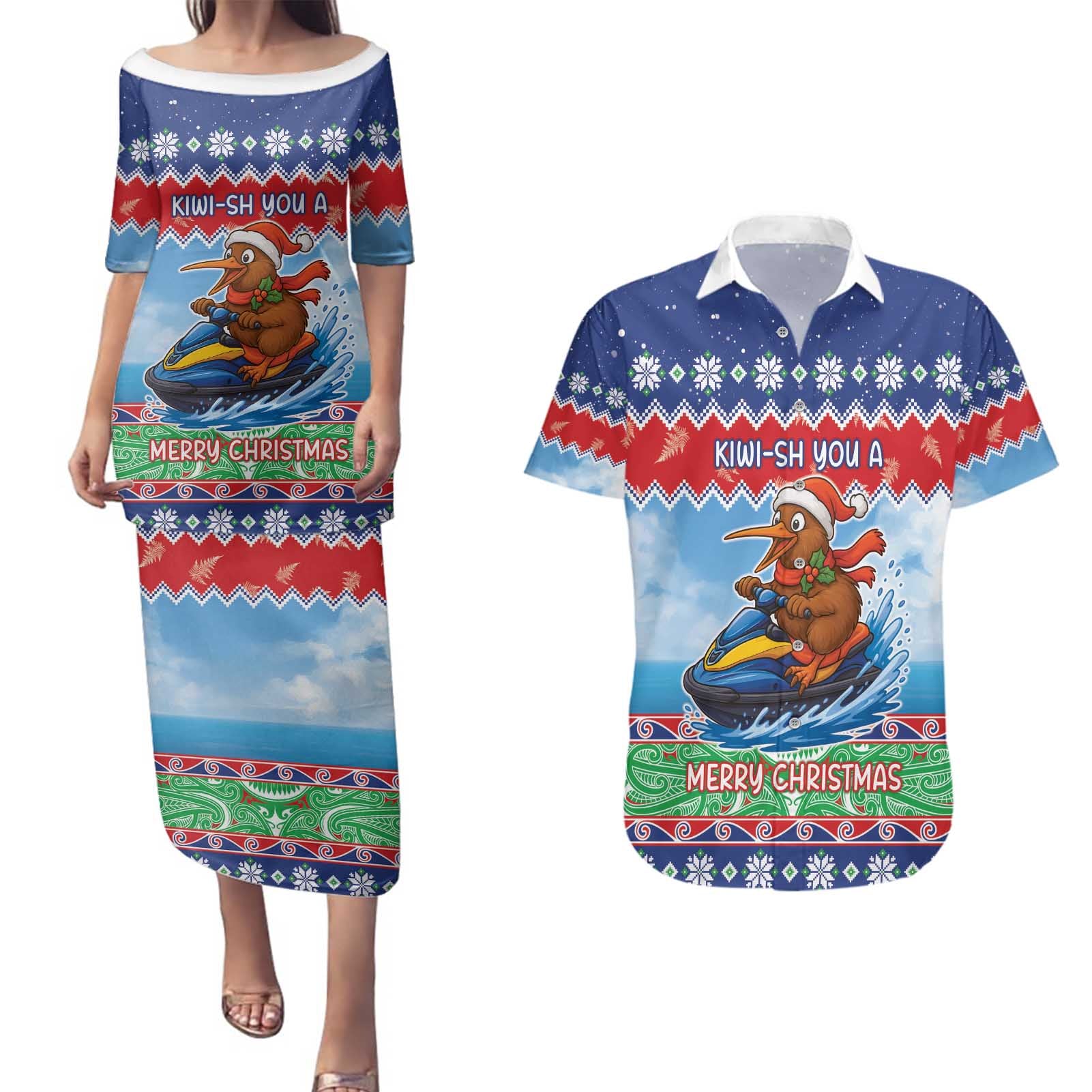 New Zealand Christmas Couples Matching Puletasi and Hawaiian Shirt Funny Jet Ride Kiwi Xmas - Polynesian Pride