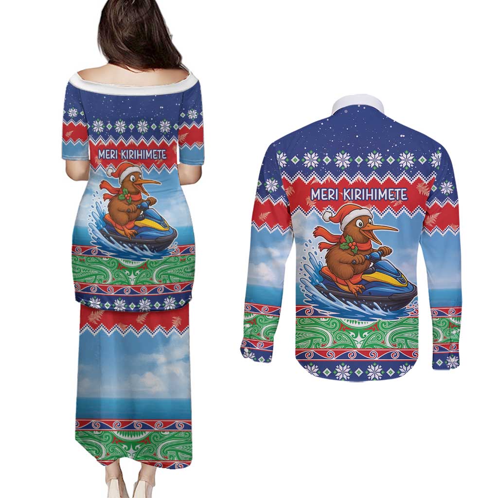 New Zealand Christmas Couples Matching Puletasi and Long Sleeve Button Shirt Funny Jet Ride Kiwi Xmas - Polynesian Pride