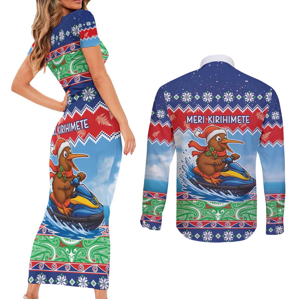 New Zealand Christmas Couples Matching Short Sleeve Bodycon Dress and Long Sleeve Button Shirt Funny Jet Ride Kiwi Xmas - Polynesian Pride