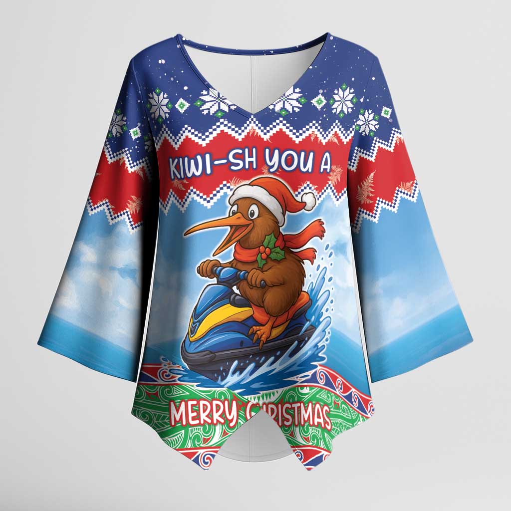 New Zealand Christmas Kimono Sleeve Blouse Funny Jet Ride Kiwi Xmas - Polynesian Pride