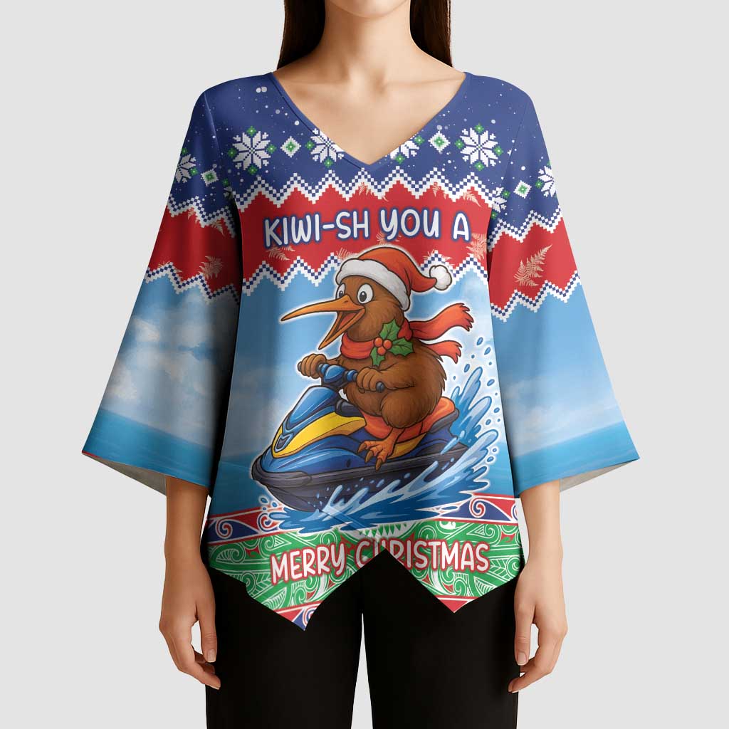 New Zealand Christmas Kimono Sleeve Blouse Funny Jet Ride Kiwi Xmas - Polynesian Pride
