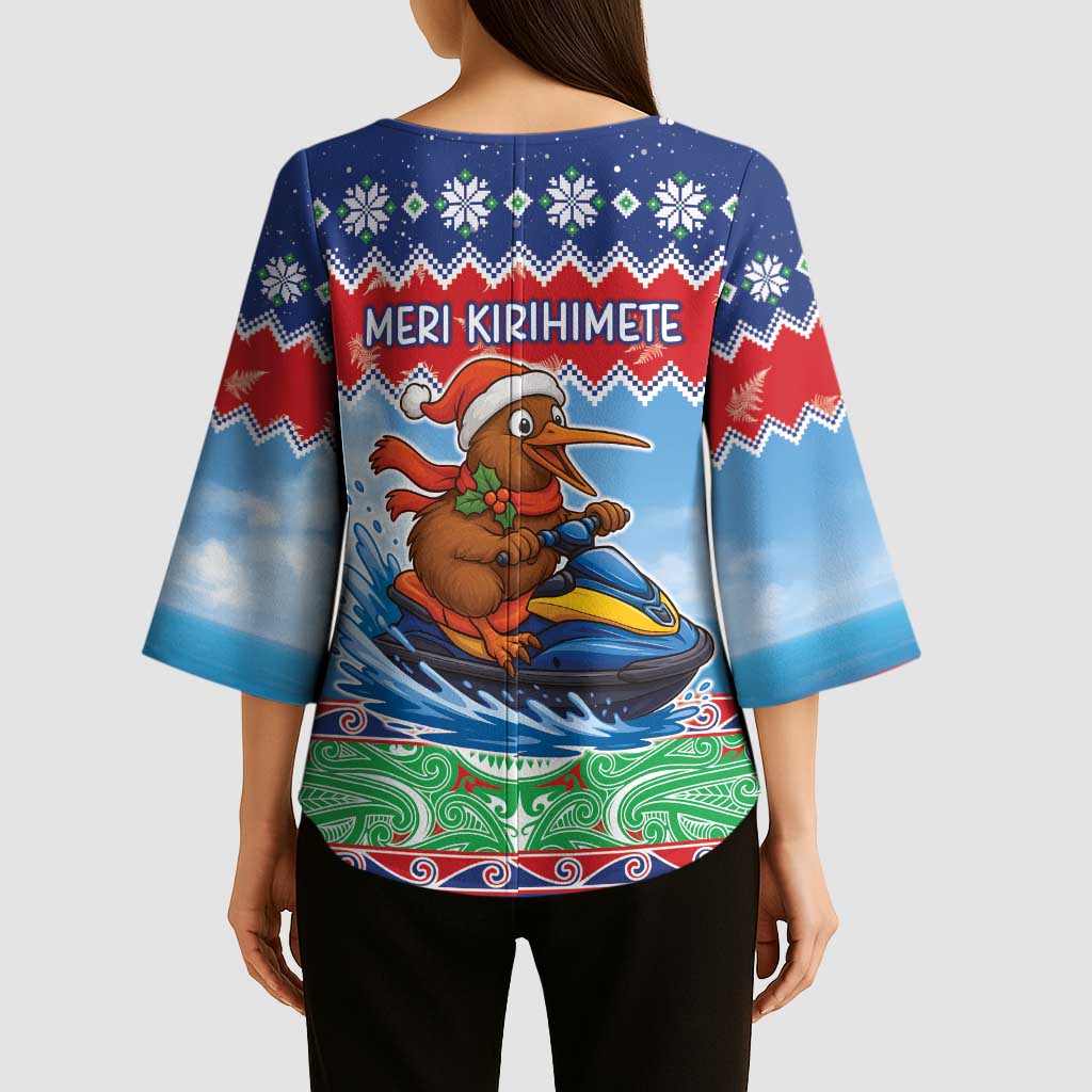 New Zealand Christmas Kimono Sleeve Blouse Funny Jet Ride Kiwi Xmas - Polynesian Pride