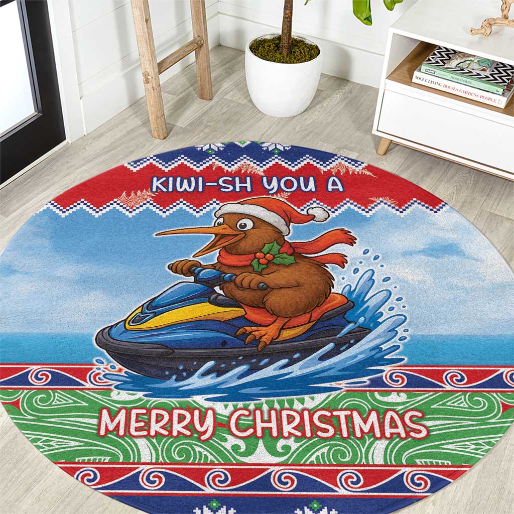New Zealand Christmas Round Carpet Funny Jet Ride Kiwi Xmas - Polynesian Pride