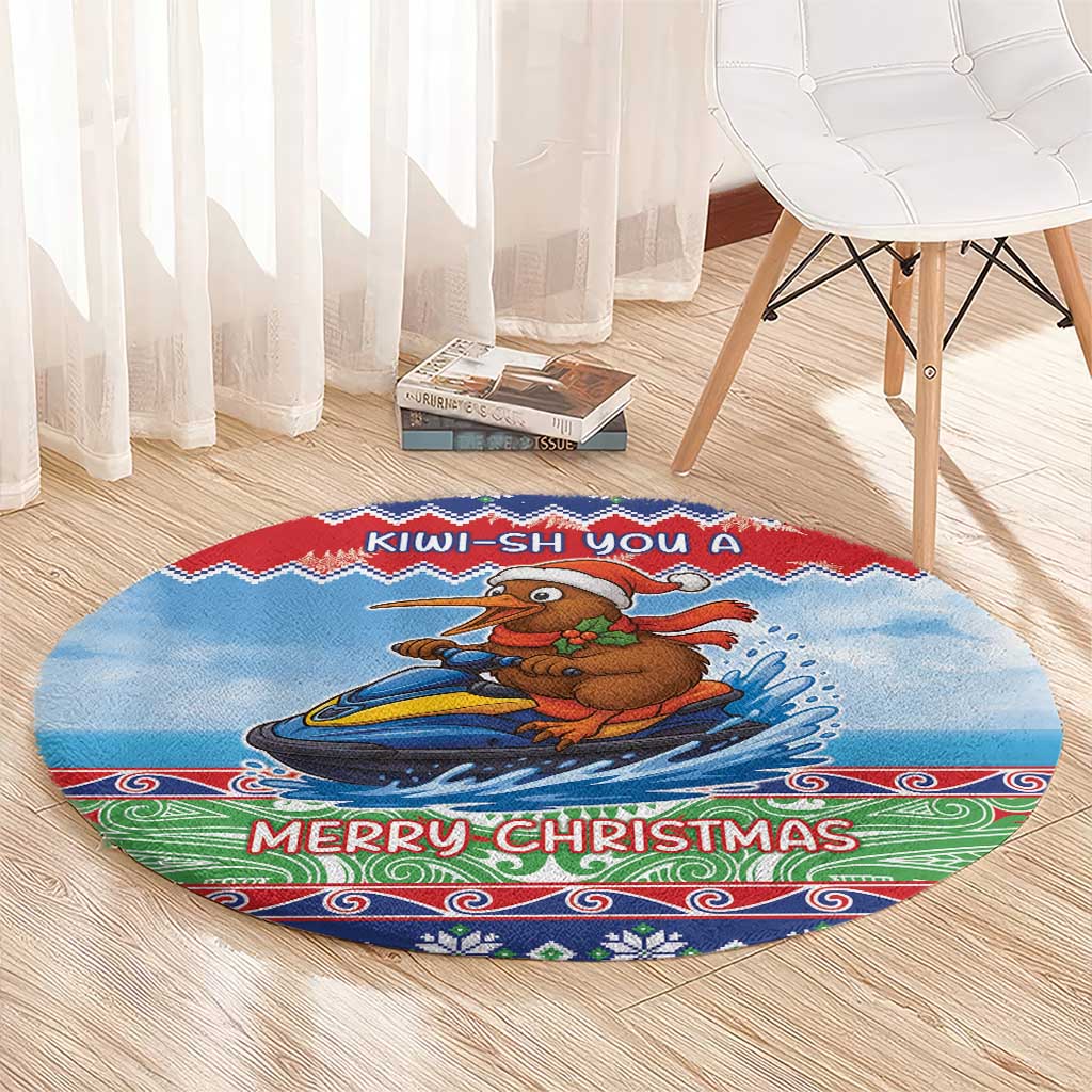 New Zealand Christmas Round Carpet Funny Jet Ride Kiwi Xmas - Polynesian Pride