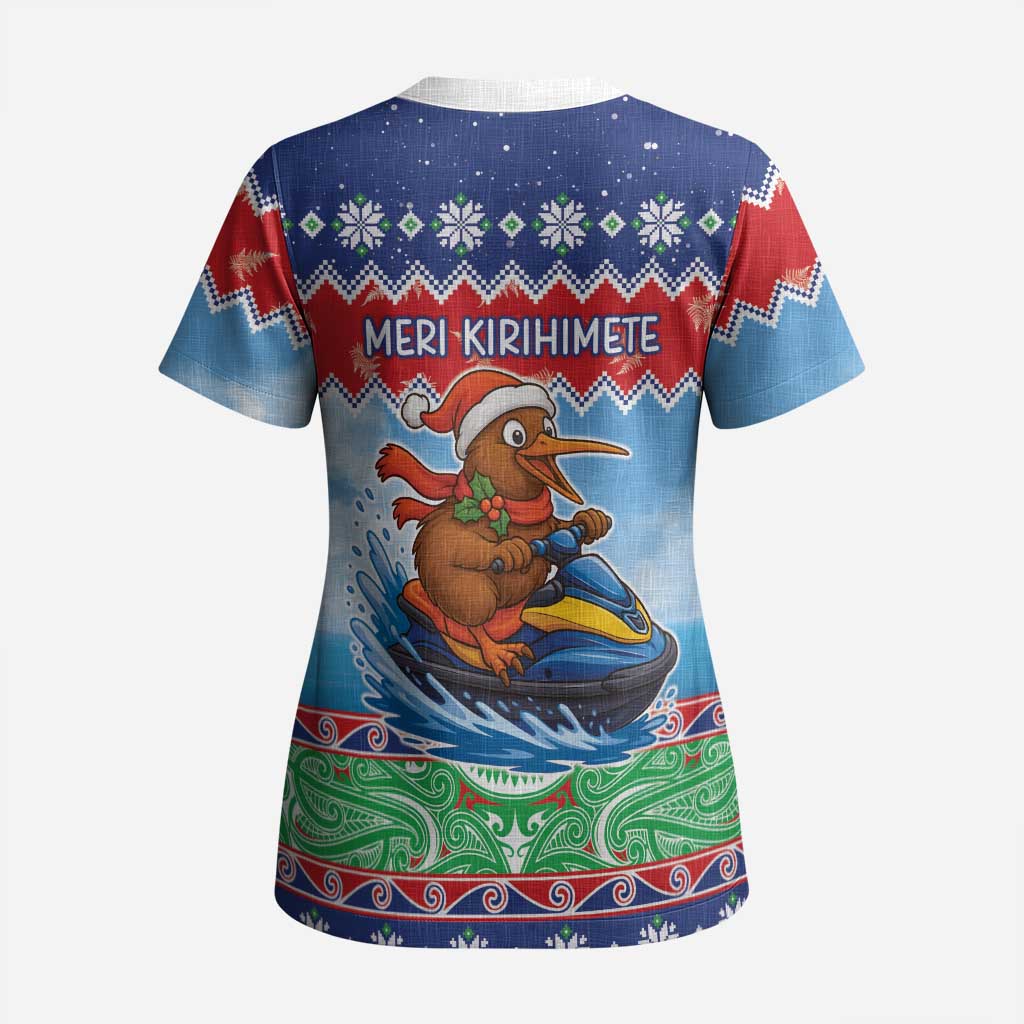 New Zealand Christmas Scrub Top Funny Jet Ride Kiwi Xmas - Polynesian Pride