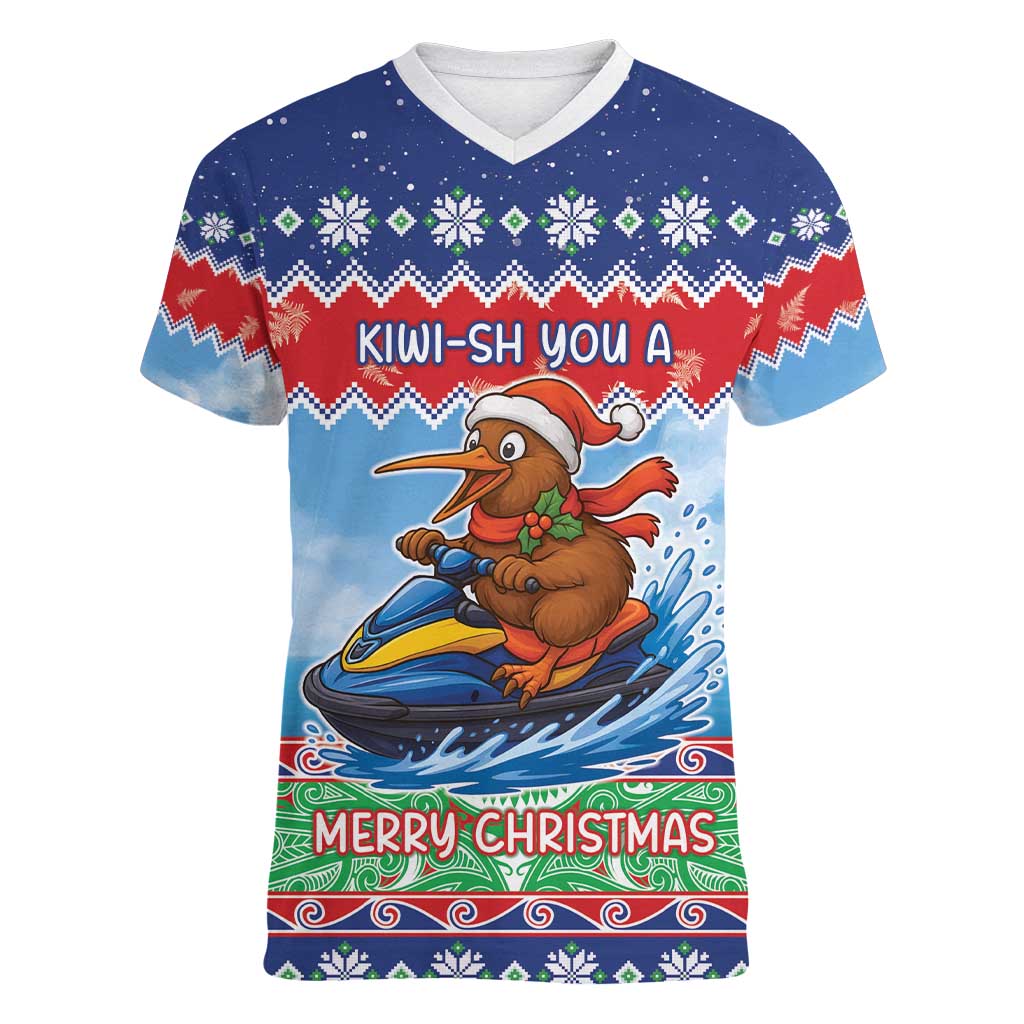 New Zealand Christmas Women V-Neck T-Shirt Funny Jet Ride Kiwi Xmas - Polynesian Pride