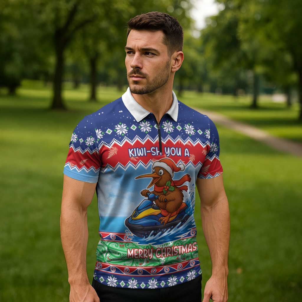 New Zealand Christmas Zipper Polo Shirt Funny Jet Ride Kiwi Xmas - Polynesian Pride