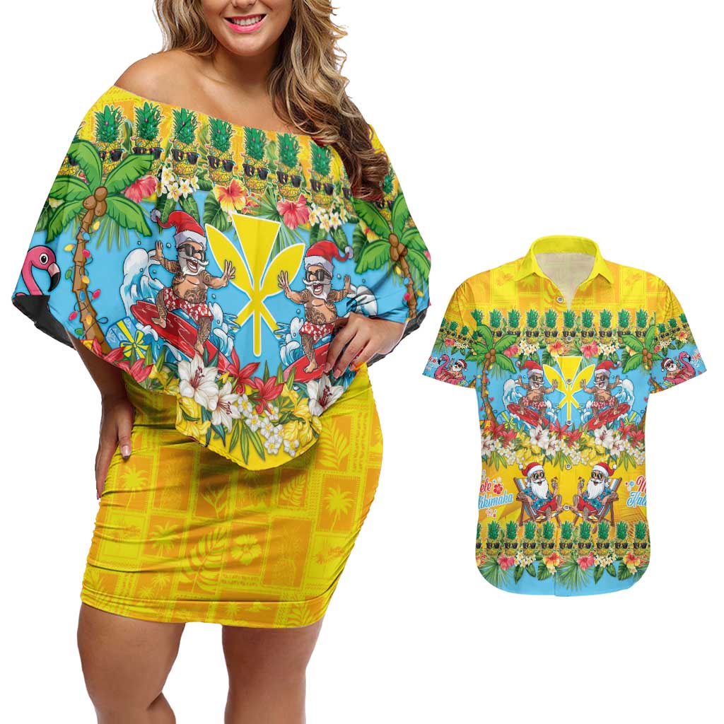 Hawaii Christmas Couples Matching Off Shoulder Short Dress and Hawaiian Shirt Mele Kalikimaka Tropical Vibes - Polynesian Pride