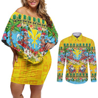 Hawaii Christmas Couples Matching Off Shoulder Short Dress and Long Sleeve Button Shirt Mele Kalikimaka Tropical Vibes - Polynesian Pride