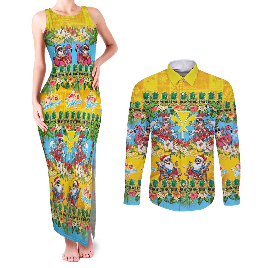 Hawaii Christmas Couples Matching Tank Maxi Dress and Long Sleeve Button Shirt Mele Kalikimaka Tropical Vibes - Polynesian Pride