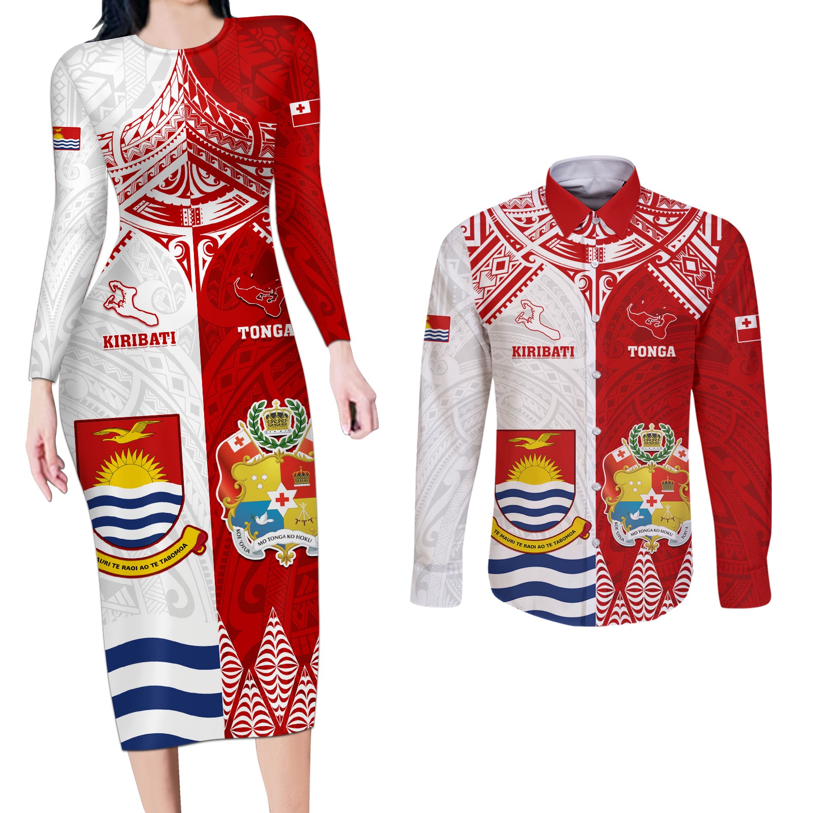 Personalised Tonga And Kiribati Couples Matching Long Sleeve Bodycon Dress and Long Sleeve Button Shirt Coat Of Arms Polynesian Pattern LT05 Red - Polynesian Pride