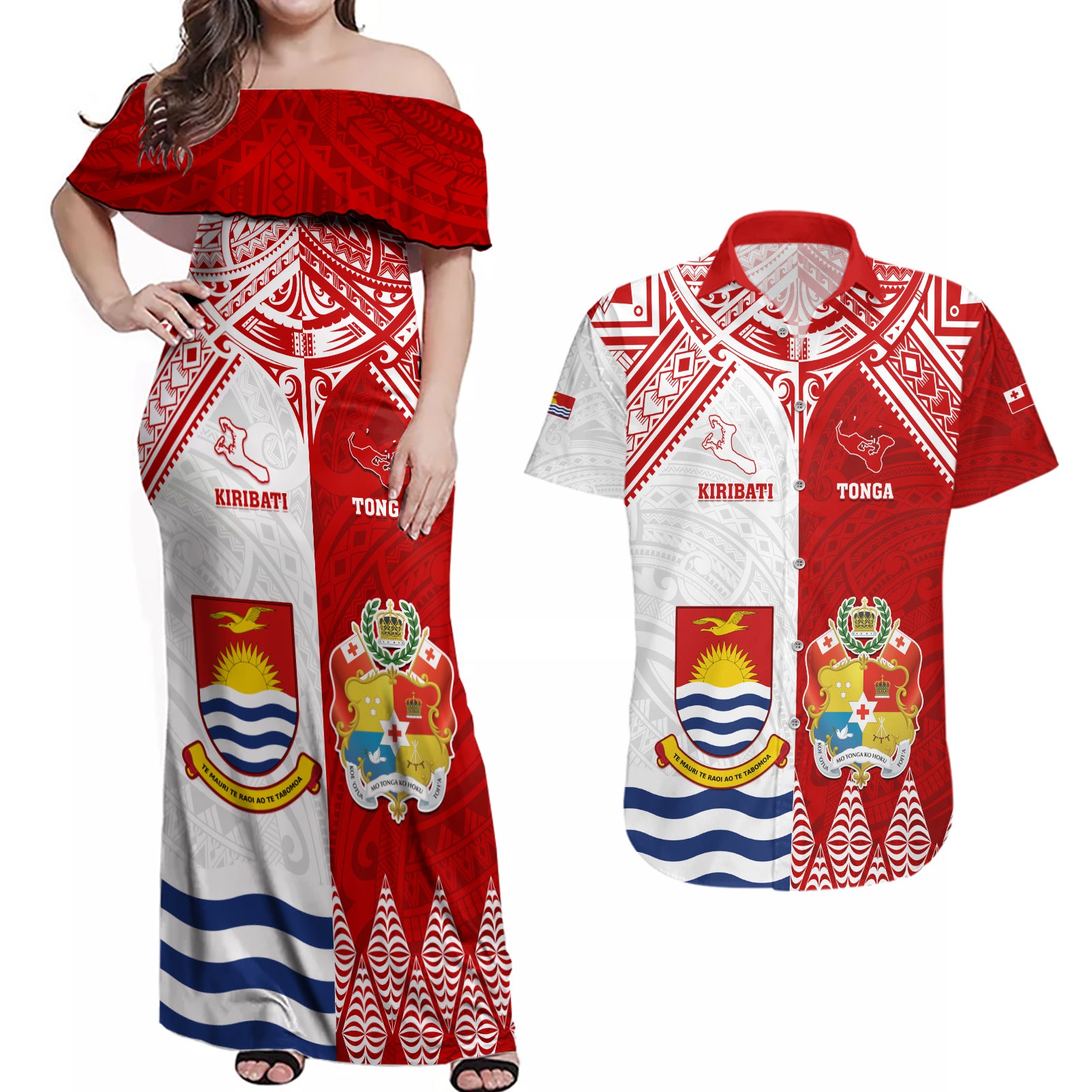 Personalised Tonga And Kiribati Couples Matching Off Shoulder Maxi Dress and Hawaiian Shirt Coat Of Arms Polynesian Pattern LT05 Red - Polynesian Pride