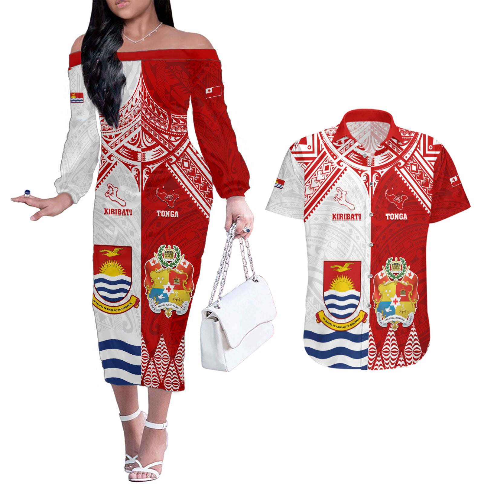 Personalised Tonga And Kiribati Couples Matching Off The Shoulder Long Sleeve Dress and Hawaiian Shirt Coat Of Arms Polynesian Pattern LT05 Red - Polynesian Pride