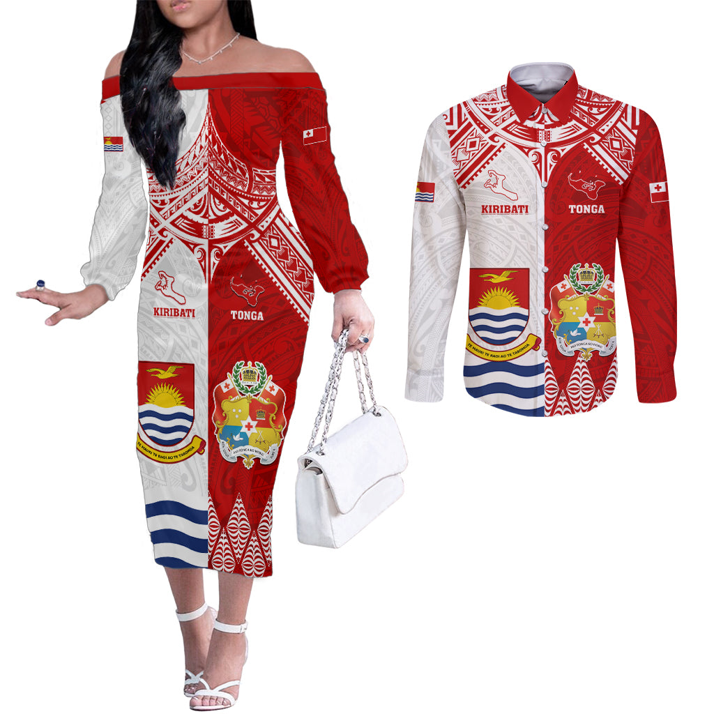 Personalised Tonga And Kiribati Couples Matching Off The Shoulder Long Sleeve Dress and Long Sleeve Button Shirt Coat Of Arms Polynesian Pattern LT05 Red - Polynesian Pride