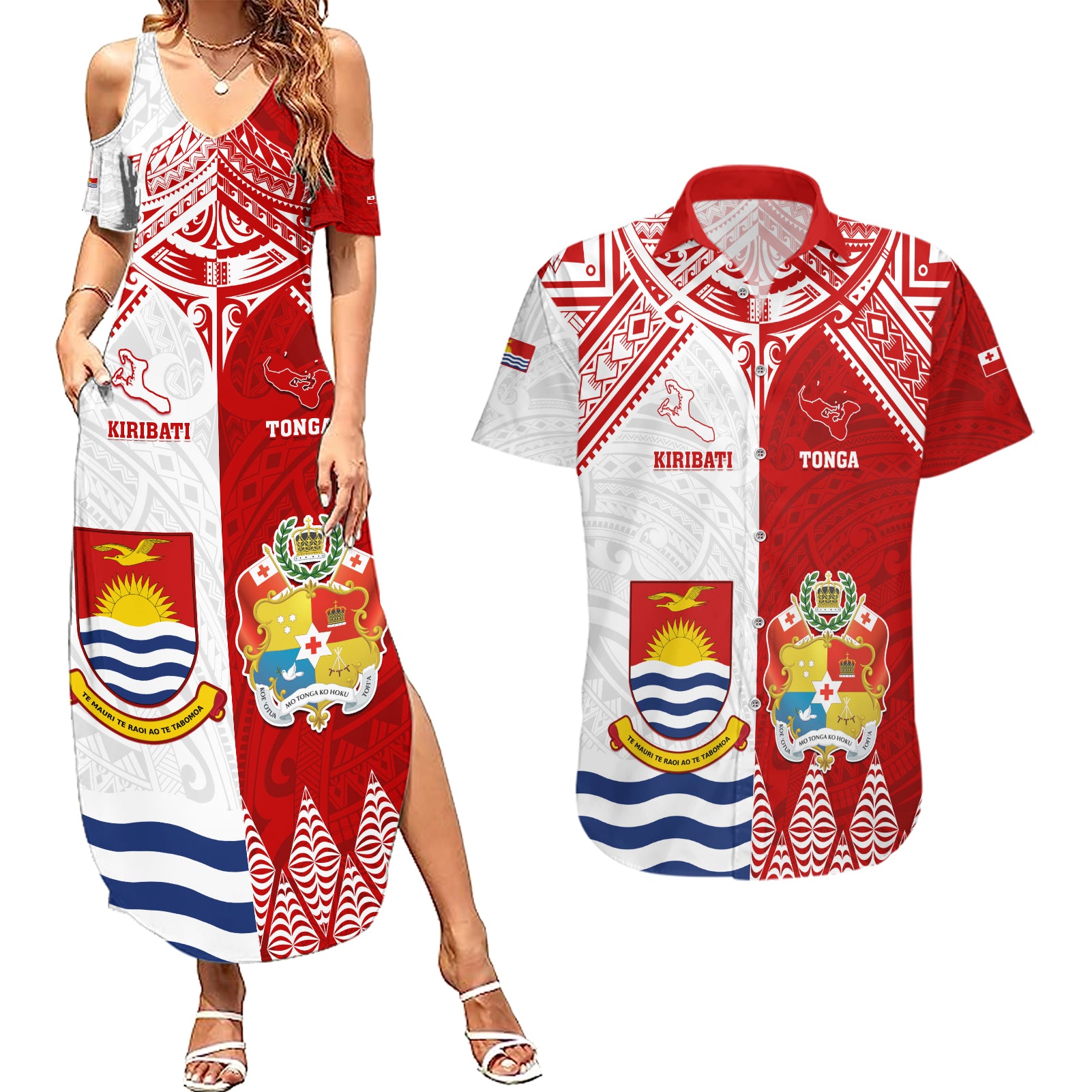 Personalised Tonga And Kiribati Couples Matching Summer Maxi Dress and Hawaiian Shirt Coat Of Arms Polynesian Pattern LT05 Red - Polynesian Pride