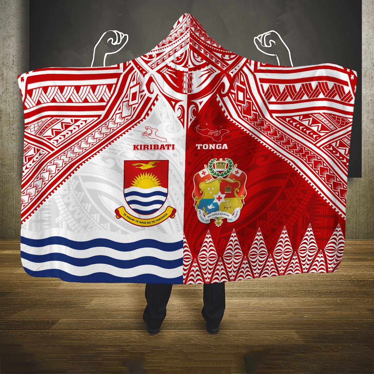 Tonga And Kiribati Hooded Blanket Coat Of Arms Polynesian Pattern LT05 One Size Red - Polynesian Pride