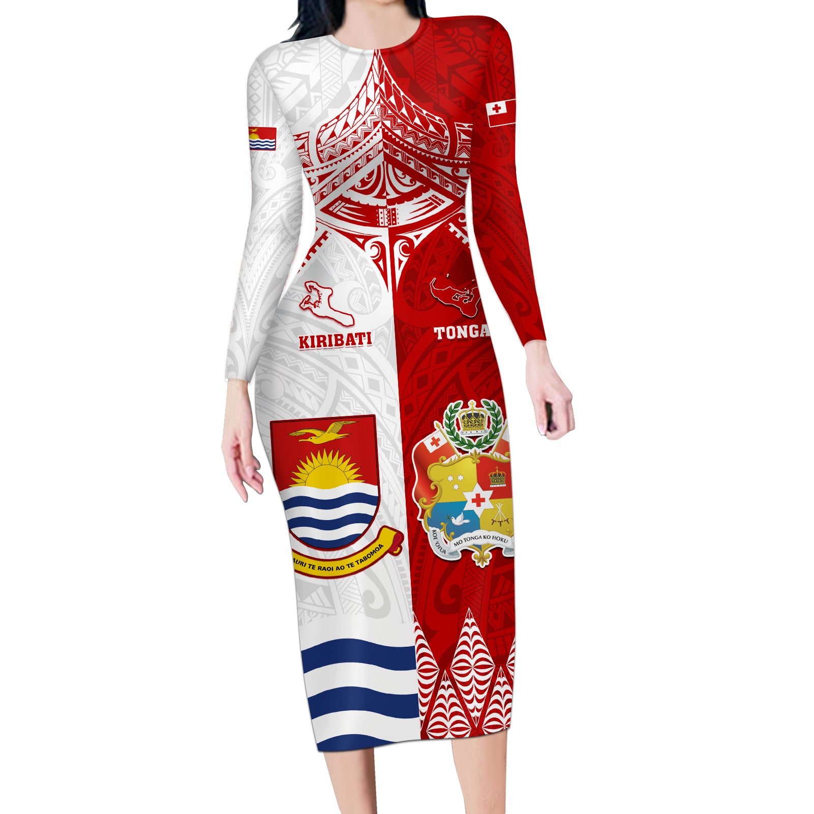 Personalised Tonga And Kiribati Long Sleeve Bodycon Dress Coat Of Arms Polynesian Pattern LT05 Long Dress Red - Polynesian Pride