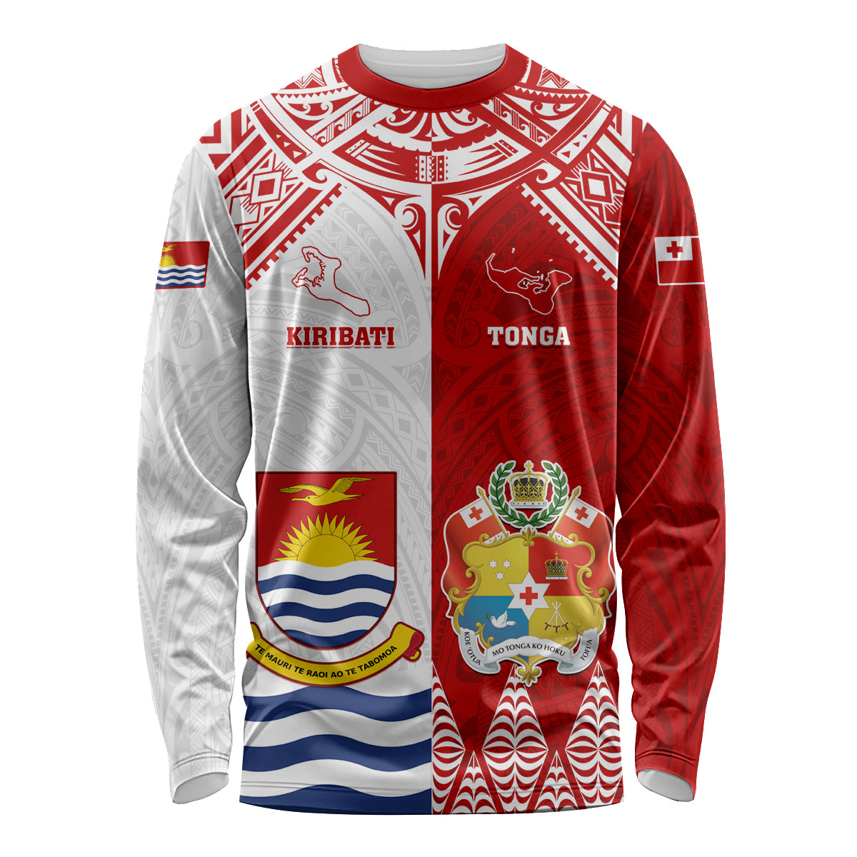 Personalised Tonga And Kiribati Long Sleeve Shirt Coat Of Arms Polynesian Pattern LT05 Unisex Red - Polynesian Pride