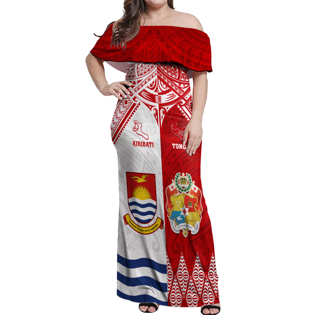 Personalised Tonga And Kiribati Off Shoulder Maxi Dress Coat Of Arms Polynesian Pattern LT05 Women Red - Polynesian Pride