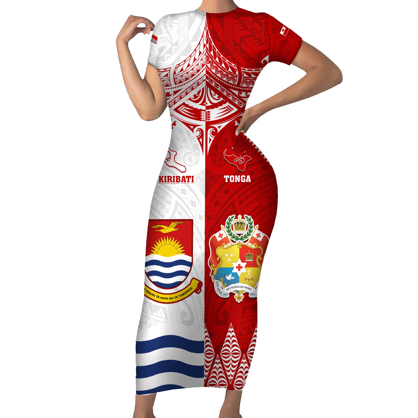 Personalised Tonga And Kiribati Short Sleeve Bodycon Dress Coat Of Arms Polynesian Pattern LT05 Long Dress Red - Polynesian Pride