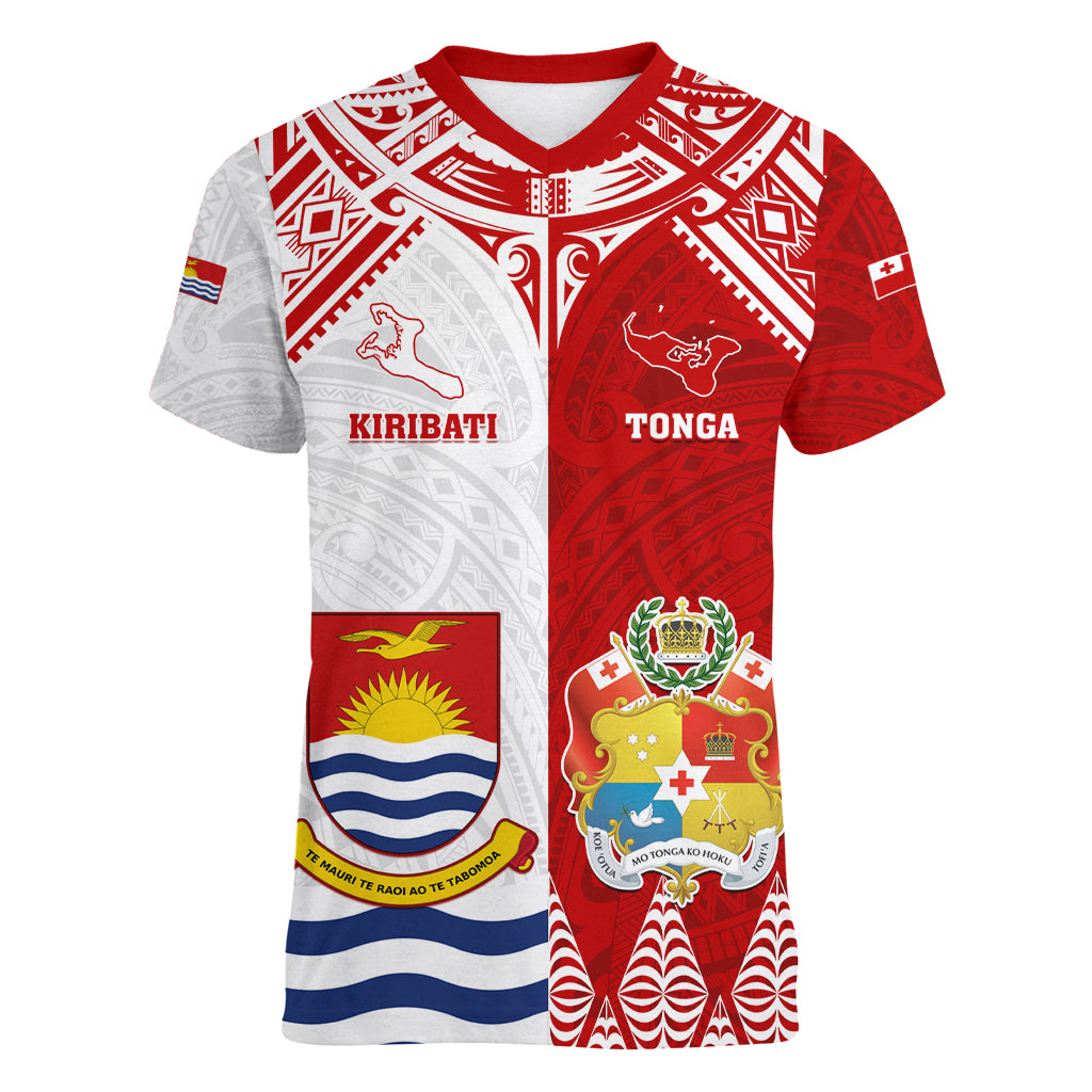 Personalised Tonga And Kiribati Women V Neck T Shirt Coat Of Arms Polynesian Pattern LT05 Female Red - Polynesian Pride