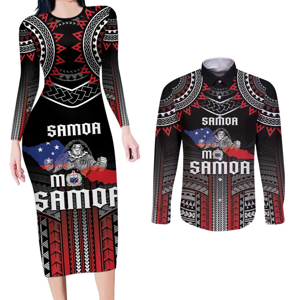 Personalised Samoa Black Saturday Couples Matching Long Sleeve Bodycon Dress and Long Sleeve Button Shirt Samoan Warrior Tribal Pattern