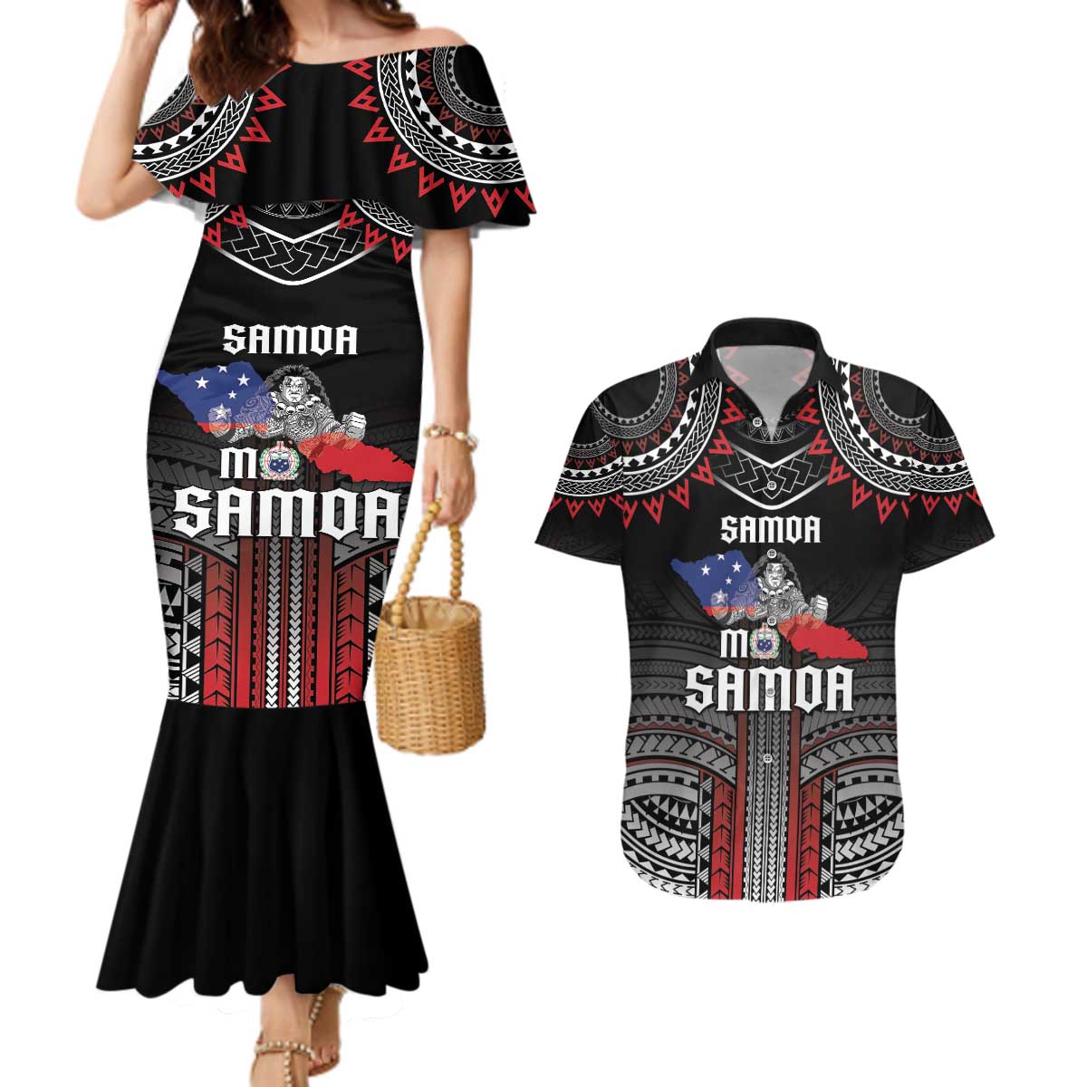 Personalised Samoa Black Saturday Couples Matching Mermaid Dress and Hawaiian Shirt Samoan Warrior Tribal Pattern