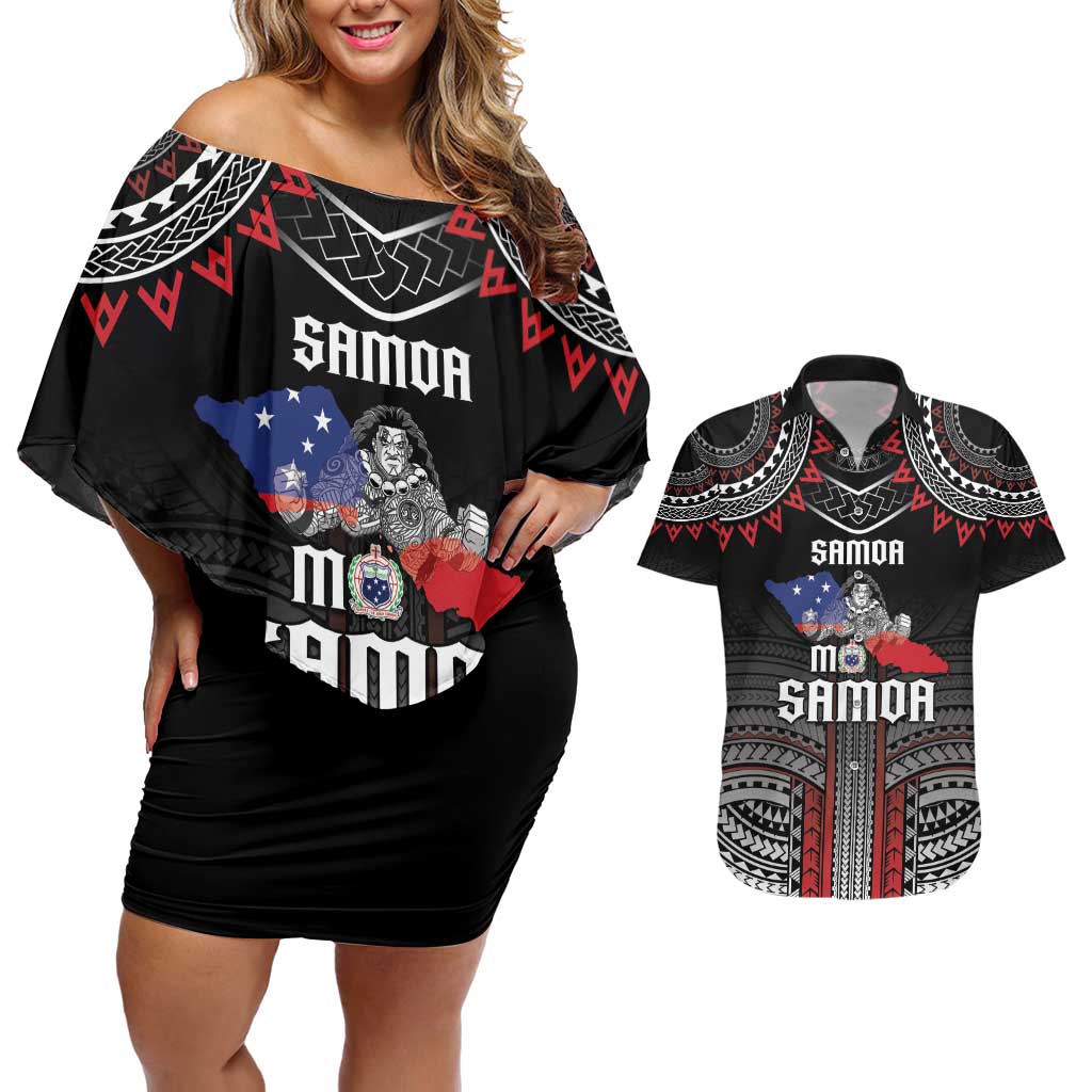 Personalised Samoa Black Saturday Couples Matching Off Shoulder Short Dress and Hawaiian Shirt Samoan Warrior Tribal Pattern