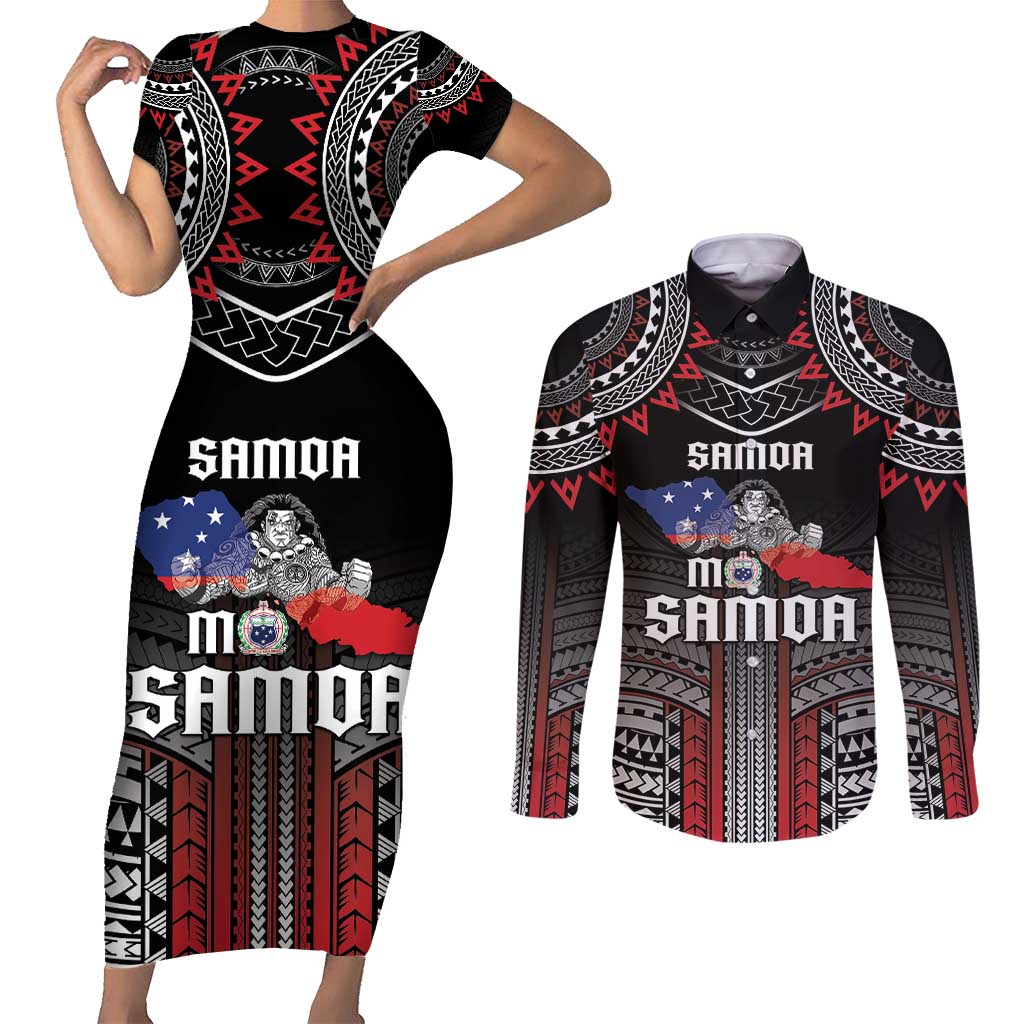Personalised Samoa Black Saturday Couples Matching Short Sleeve Bodycon Dress and Long Sleeve Button Shirt Samoan Warrior Tribal Pattern