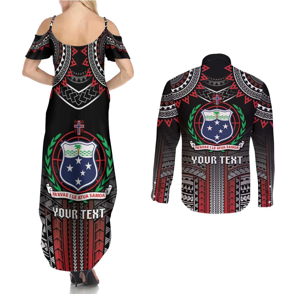 Personalised Samoa Black Saturday Couples Matching Summer Maxi Dress and Long Sleeve Button Shirt Samoan Warrior Tribal Pattern