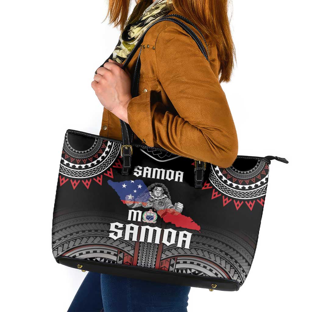 Samoa Black Saturday Leather Tote Bag Samoan Warrior Tribal Pattern