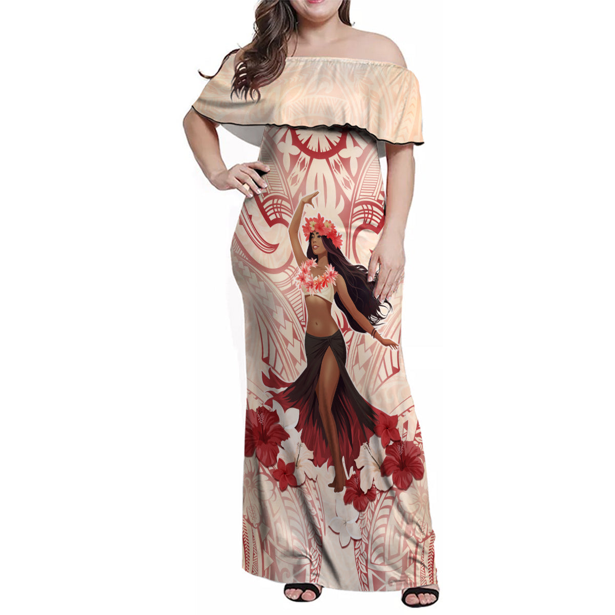 Tahiti Women's Day Family Matching Off Shoulder Maxi Dress and Hawaiian Shirt With Polynesian Pattern LT05 Mom's Dress Beige - Polynesian Pride