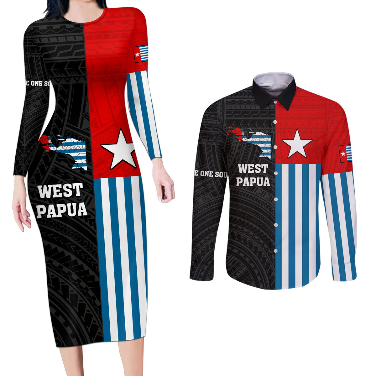Personalised West Papua Couples Matching Long Sleeve Bodycon Dress and Long Sleeve Button Shirt Polynesian Pattern With Coat Of Arms LT05 Blue - Polynesian Pride