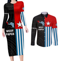 Personalised West Papua Couples Matching Long Sleeve Bodycon Dress and Long Sleeve Button Shirt Polynesian Pattern With Coat Of Arms LT05 Blue - Polynesian Pride