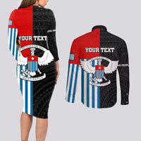 Personalised West Papua Couples Matching Long Sleeve Bodycon Dress and Long Sleeve Button Shirt Polynesian Pattern With Coat Of Arms LT05 - Polynesian Pride