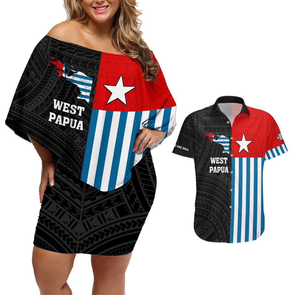Personalised West Papua Couples Matching Off Shoulder Short Dress and Hawaiian Shirt Polynesian Pattern With Coat Of Arms LT05 Blue - Polynesian Pride