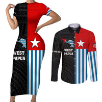 Personalised West Papua Couples Matching Short Sleeve Bodycon Dress and Long Sleeve Button Shirt Polynesian Pattern With Coat Of Arms LT05 Blue - Polynesian Pride