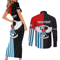 Personalised West Papua Couples Matching Short Sleeve Bodycon Dress and Long Sleeve Button Shirt Polynesian Pattern With Coat Of Arms LT05 - Polynesian Pride