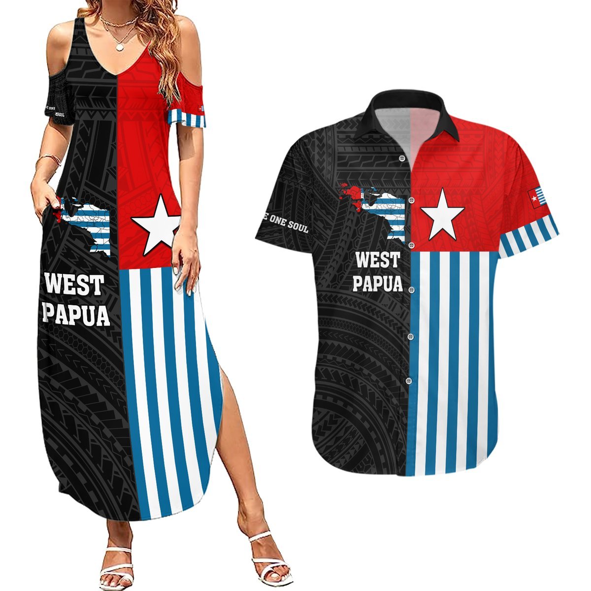 Personalised West Papua Couples Matching Summer Maxi Dress and Hawaiian Shirt Polynesian Pattern With Coat Of Arms LT05 Blue - Polynesian Pride