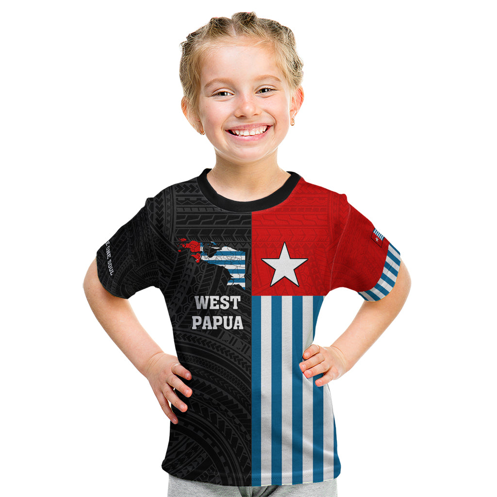 Personalised West Papua Kid T Shirt Polynesian Pattern With Coat Of Arms LT05 Blue - Polynesian Pride