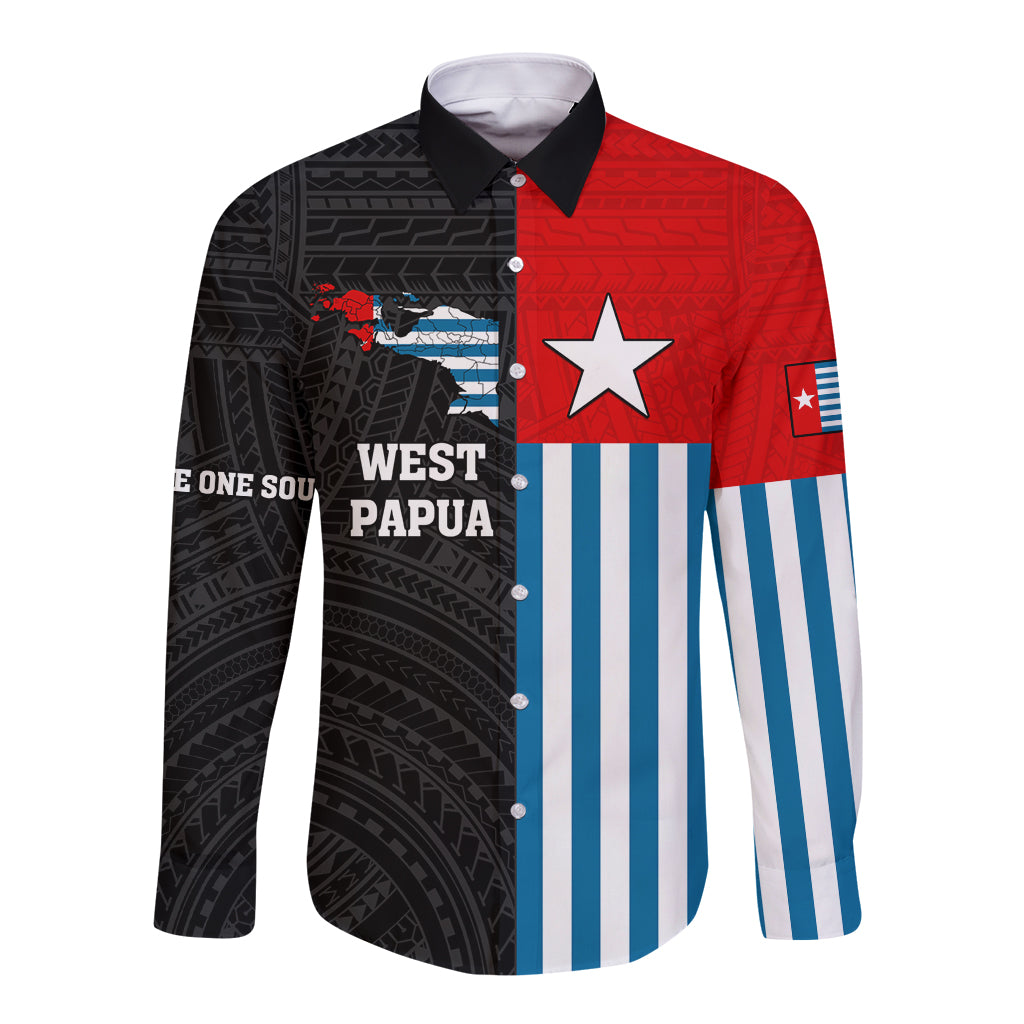 Personalised West Papua Long Sleeve Button Shirt Polynesian Pattern With Coat Of Arms LT05 Unisex Blue - Polynesian Pride