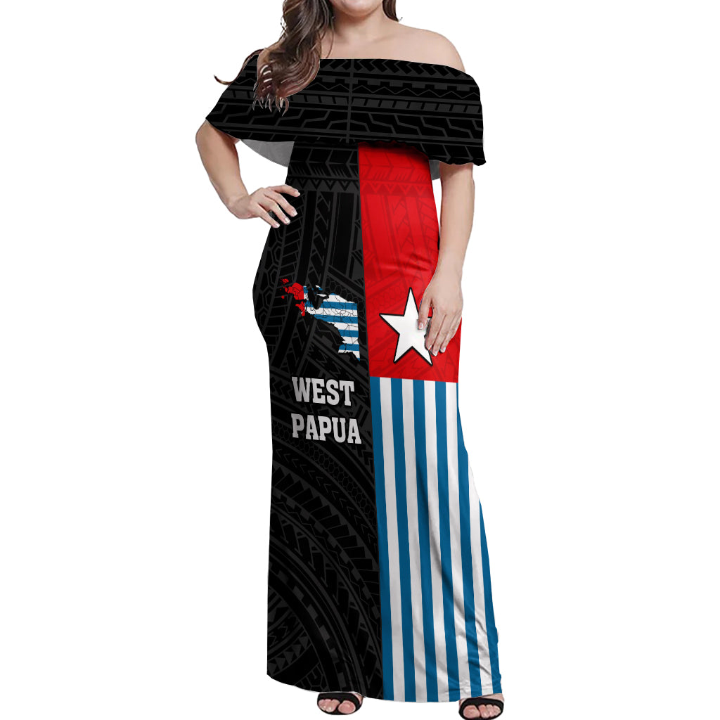 Personalised West Papua Off Shoulder Maxi Dress Polynesian Pattern With Coat Of Arms LT05 Women Blue - Polynesian Pride