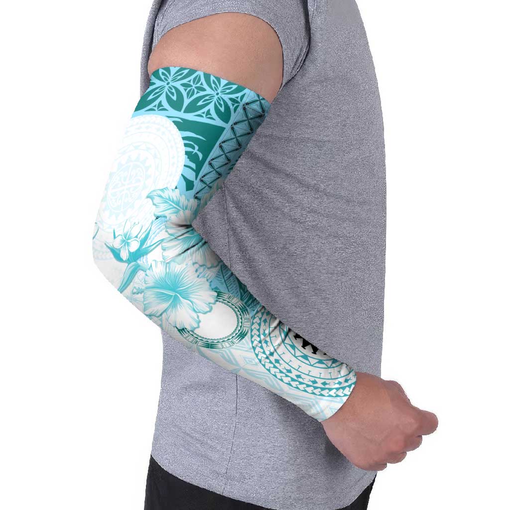 Samoa Siapo Pattern With Teal Hibiscus Arm Sleeves - Polynesian Pride