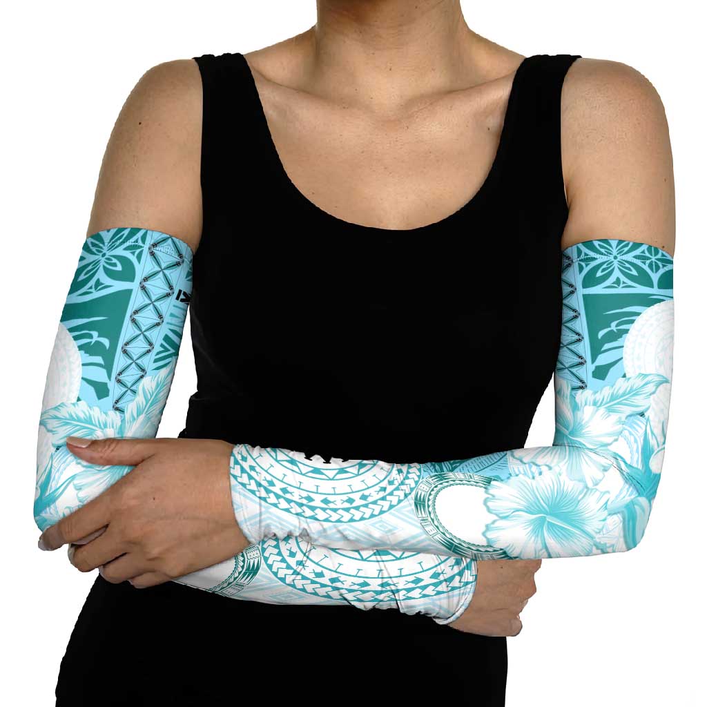 Samoa Siapo Pattern With Teal Hibiscus Arm Sleeves - Polynesian Pride
