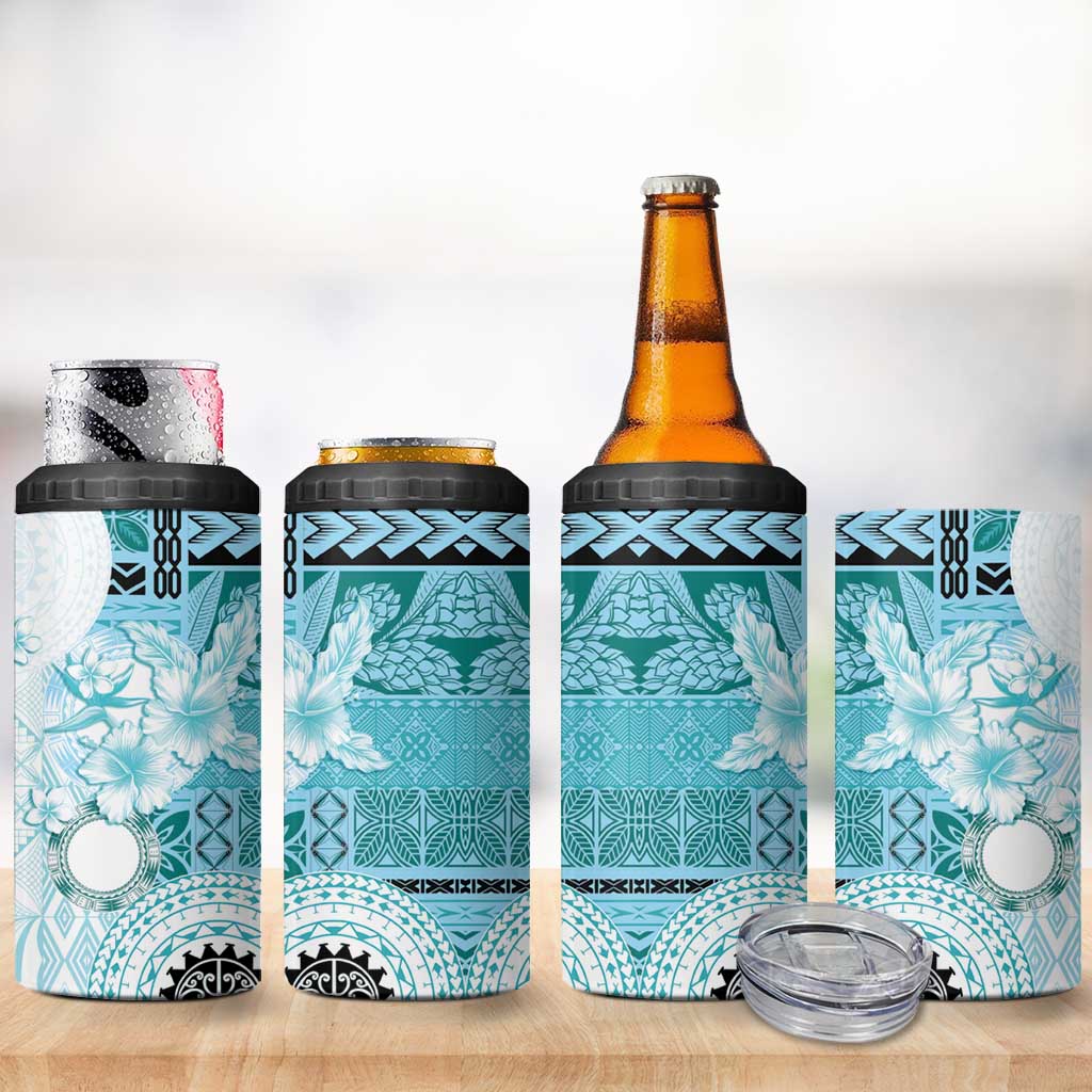 Samoa Siapo Pattern With Teal Hibiscus 4 in 1 Can Cooler Tumbler