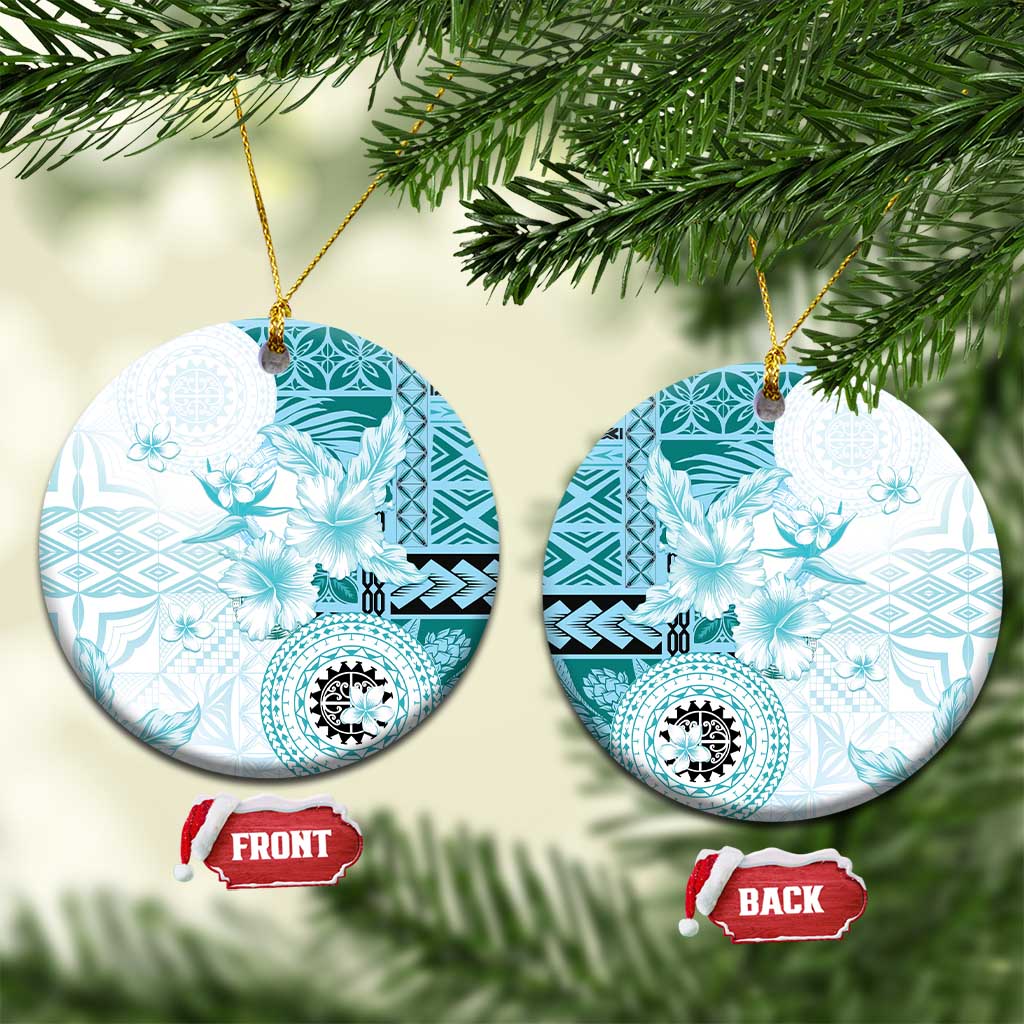 Samoa Siapo Pattern With Teal Hibiscus Ceramic Ornament