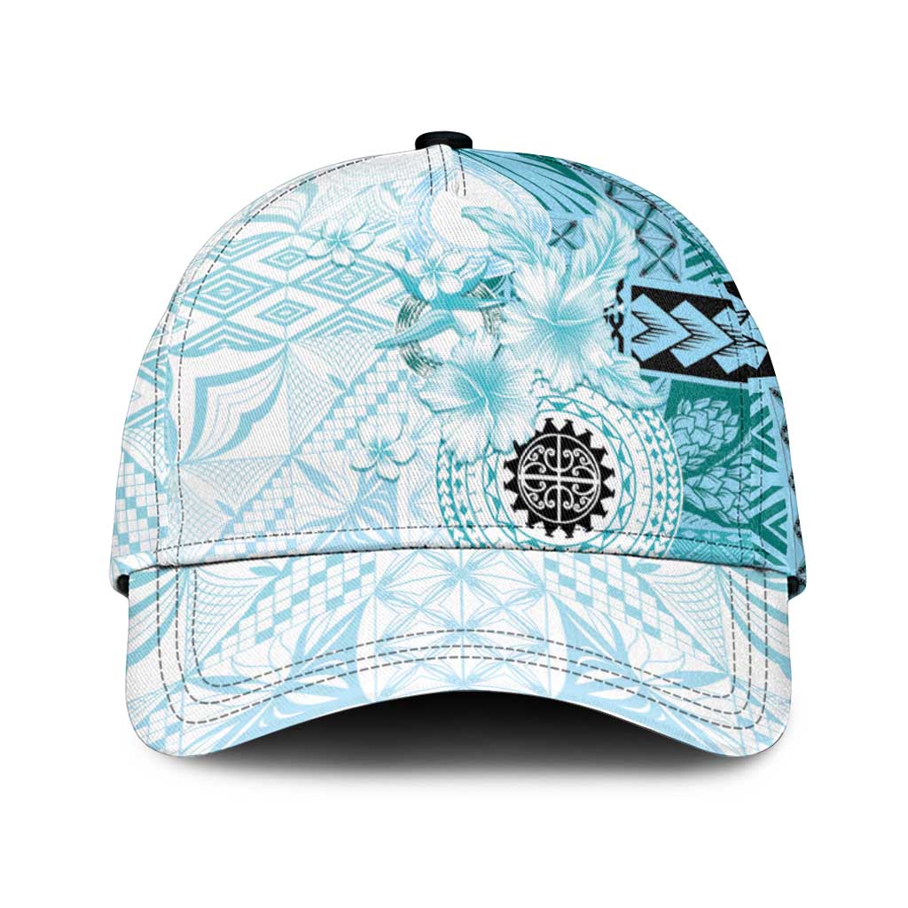 Samoa Siapo Pattern With Teal Hibiscus Classic Cap - Polynesian Pride