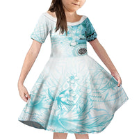 Samoa Siapo Pattern With Teal Hibiscus Family Matching Off Shoulder Short Dress and Hawaiian Shirt LT05 Daughter's Dress Teal - Polynesian Pride